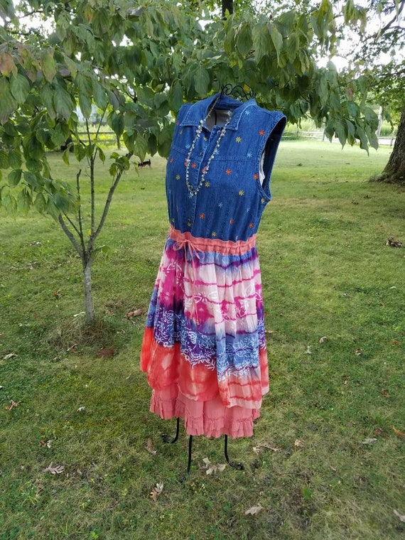 Blue Chambray Sleeveless Embroidered Dress; Upcycled Clothing Dress; Boho Dress; Shabby Chic Dress; Chambray and Tie Dye Jumper Dress