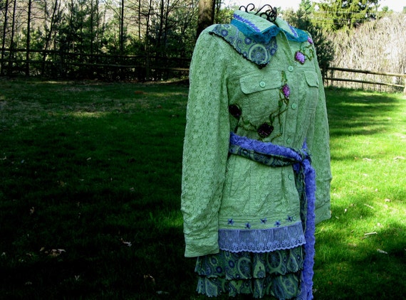Art to Wear Apple Green Lace Duster Jacket Gypsy Fairy Boho Romantic Shabby Chic Upcycled Vintage Jacket