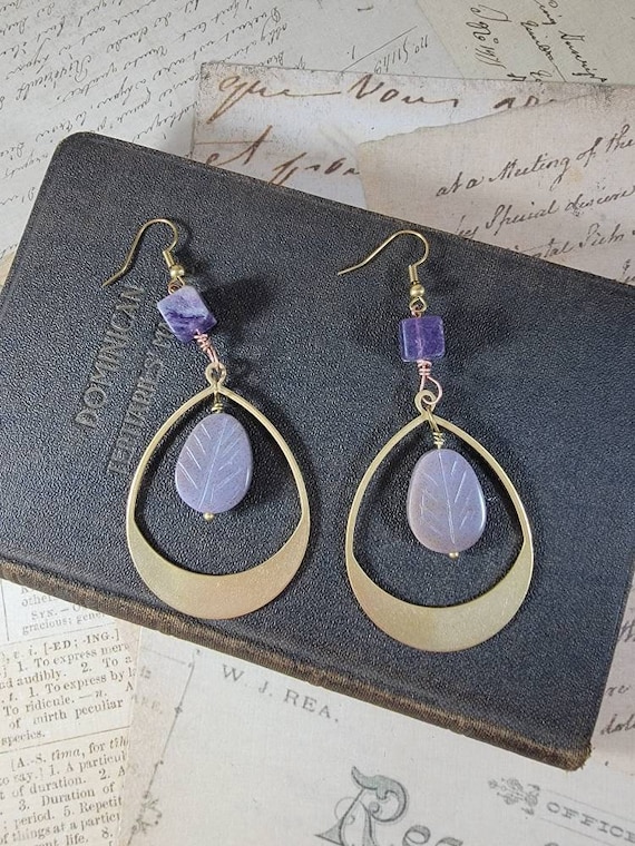 Amethyst and Brass Drop Hoop Earrings; Vintage Carved Leaves Earrings; Amethyst Leaves Earrings; Lavender Gemstone Hoop Dangle Earrings