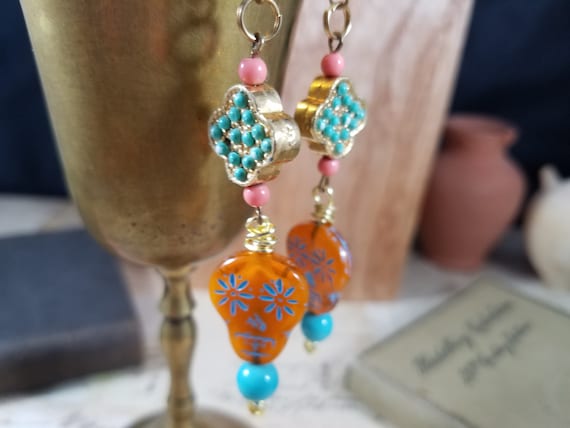 Orange Sugar Skull Drop Earrings; Day of Dead Boho Earrings; Czech Glass Sugar Skull Earrings; Turquoise and Orange Skull Drop Earrings