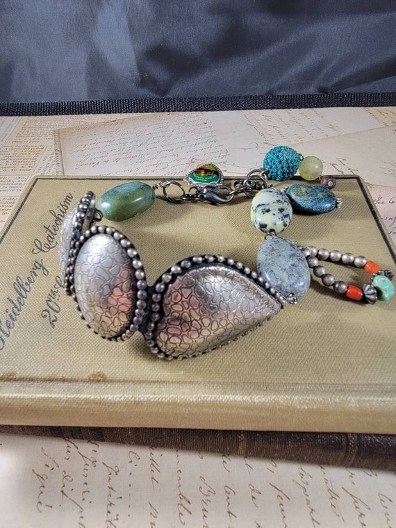 Vintage Pewter Assemblage Bracelet; Gypsy Assemblage Bracelet; Found Treasure Bracelet; Kuchi Style Art Bracelet; Green Silver Art Bracelet