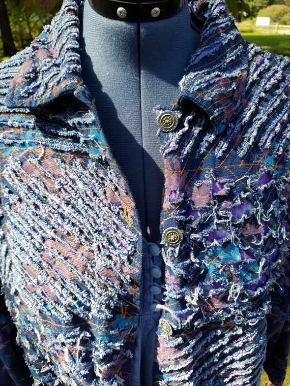 Frayed Denim  Gypsy Boho Hippie Jacket Made with Upcycled Crochet Doilies