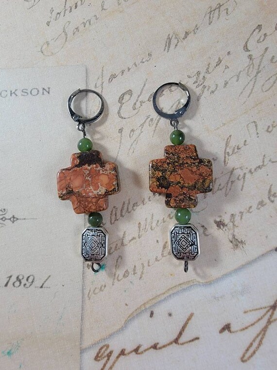 Rust Orange Stone Cross Drop Earrings; Fall Beaded Dangle Earrings; Rustic Cross Beaded Drop Earrings; Semi Precious Stone Dangle Earrings