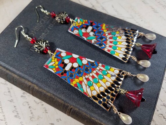 Vintage Tin Dangle Earrings; Boho Chandelier Earrings; Bright Summer Colors Drop Earrings; Tin and Emerald Glass Bead Art Earrings