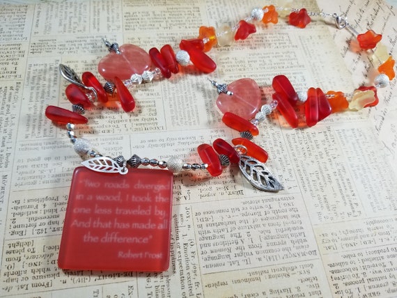 Journey Necklace Pendant Boho Chic Gypsy; Robert Frost Red Necklace; Road Less Traveled Necklace; Red, Orange and Silver Necklace