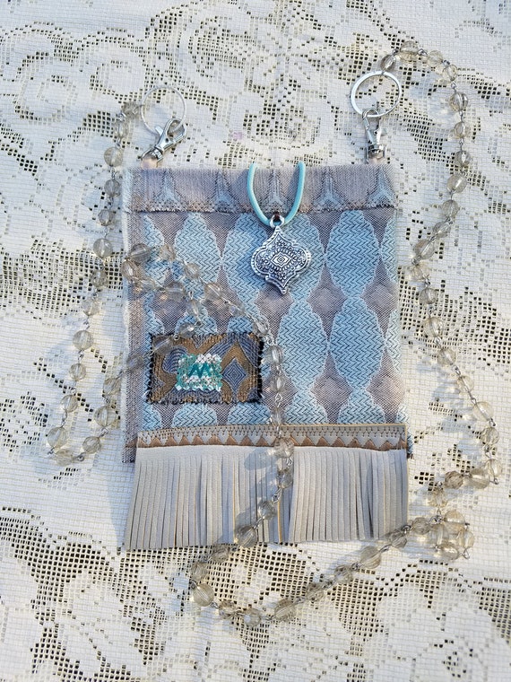 Aqua and Grey Lantern Fiber Art Cell Phone Cross Body Pouch fits iPhone or Samsung Galaxy S4
