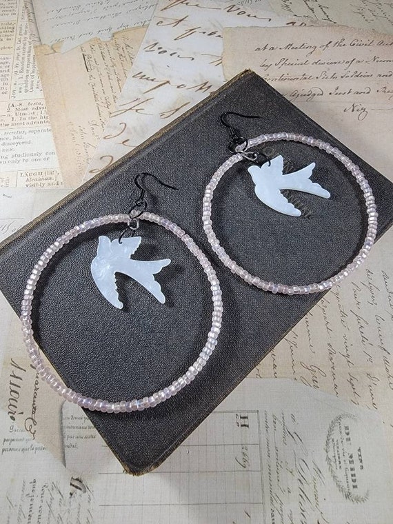 Pink and White Bird Hoop Earrings; White Dove Earrings; Czech Glass Hoop Earrings; Pink and White Bird in Flight Drop Earrings; Art Earrings