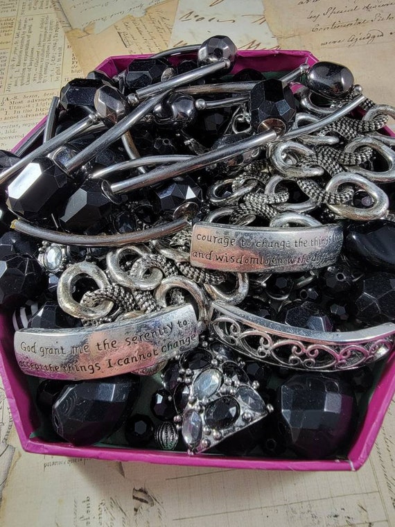 Black Silver and Gun Metal Bead Soup Jewelry Making Kit; Serenity Prayer Bracelet Components and Black Beads Lot; Jet Black Beads Kit; K08
