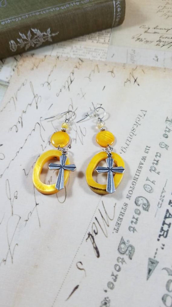 Yellow Shell Hoop Dangle Cross Earrings
