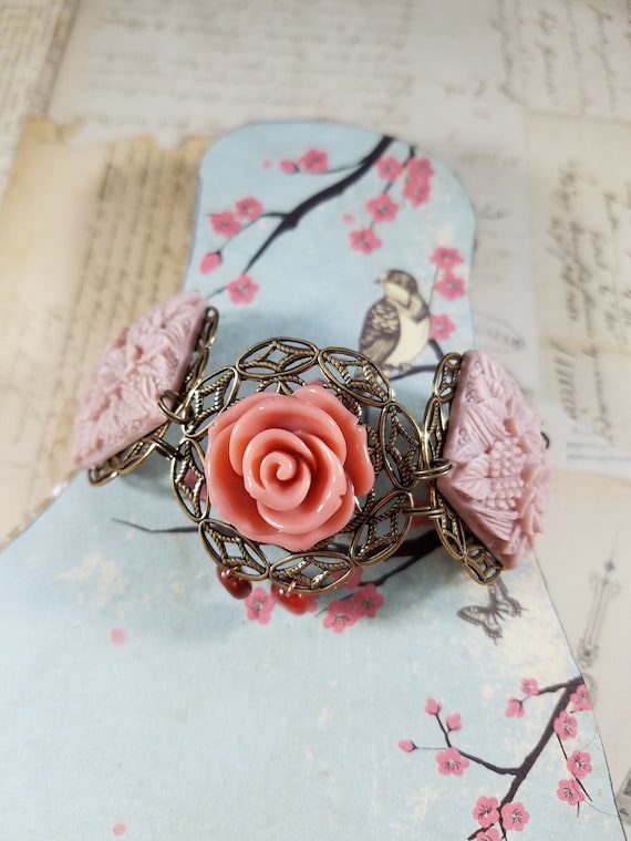 Baklite Rose Floral Assemblage Bracelet; Shabby Chic Rose Bracelet; Celluloid Floral Bracelet