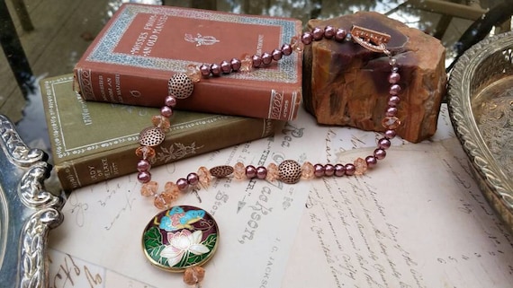 Butterfly Enameled Beaded Pendant with Mocha Pearls, Crystal, and Copper Beads