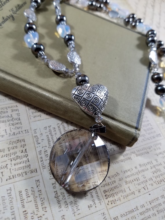Crystal Pendant Heart Necklace; Valentines Gift; Lover Necklace; Pewter and Crystal Heart Beaded Gemstone Necklace; Moonstone Heart Beads