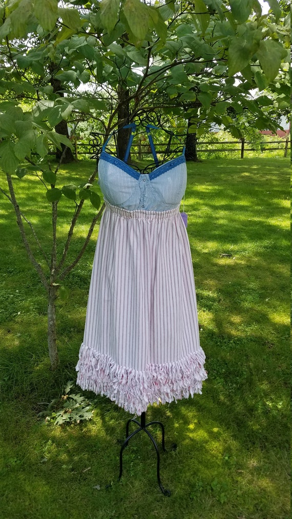 White, Blue, Red Ticking Cotton Cowgirl Boho Gypsy Sun Dress