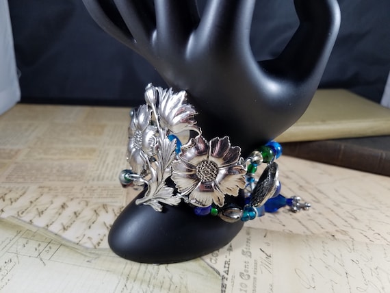 Pewter Thistle Blue Assemblage  Bracelet; Pewter and Glass Beads Assemblage Bracelet; Scottish Thistle Bracelet; Blue and Green Floral Cuff