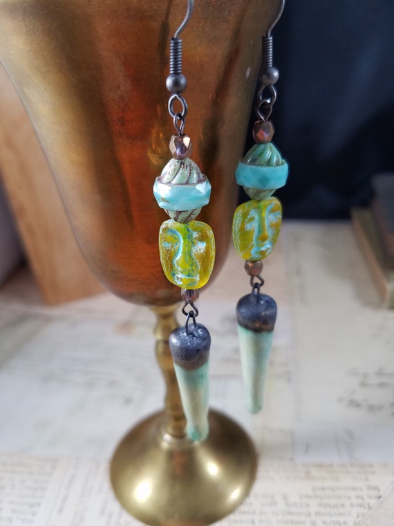 Aqua and Yellow Face Dangle Earrings; Czech Glass Beaded Drop Earrings; Beaded Ceramic Spike Earrings;