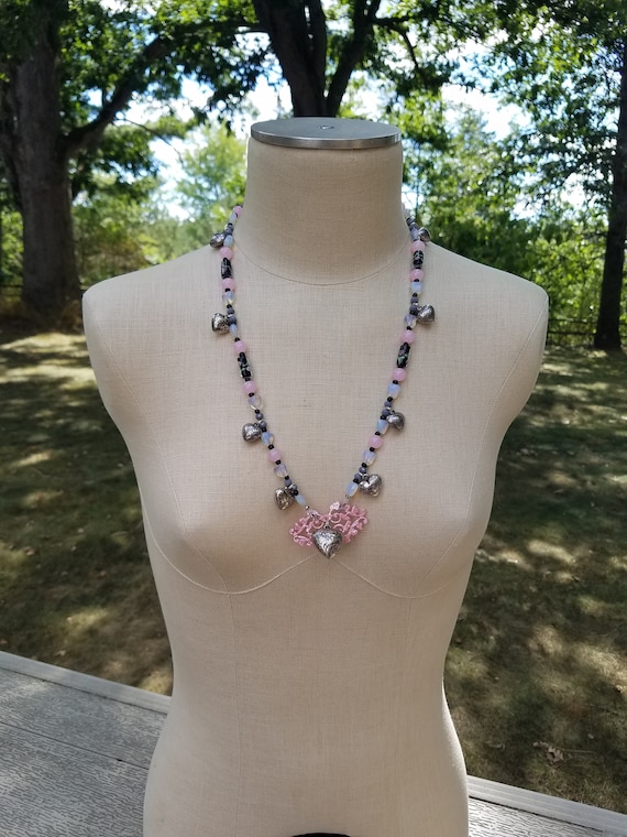 Pink and Moonstone Filigree  Heart Necklace Boho Gypsy Valentines Gift