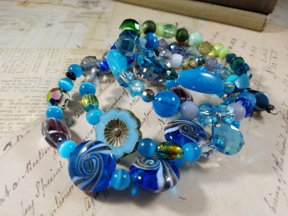 Floral Glass Beaded  Stackable Bracelets; 4 Blue Stackable Bracelets; Boho Bracelet Stack; Lampwork Glass Bracelet Stack; Gypsy Stack