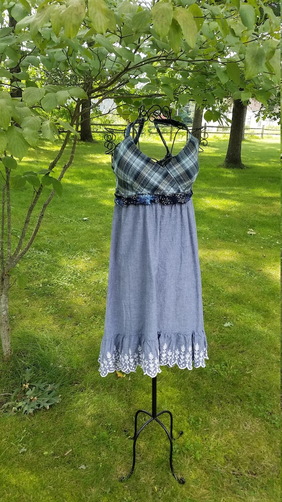 Blue Chambray Cotton Cowgirl Boho Gypsy Sun Dress