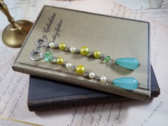Faux Green Pearl Long Drop Earrings