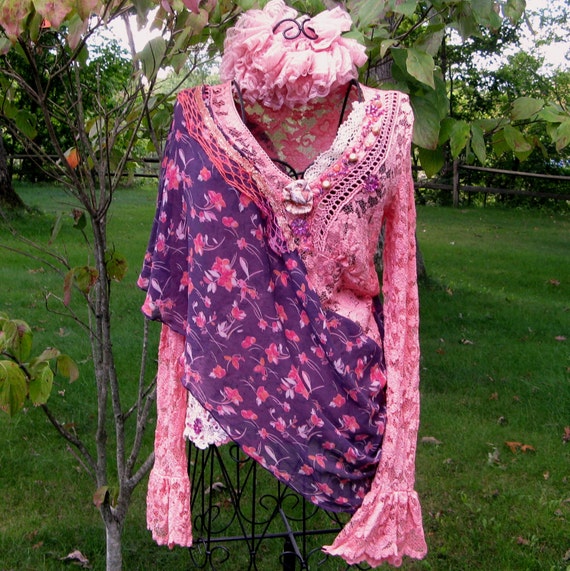 Art to Wear Peach Lace Gypsy Fairy Boho Romantic Upcycled Top, Valentine's outfit, special occasion dressy top