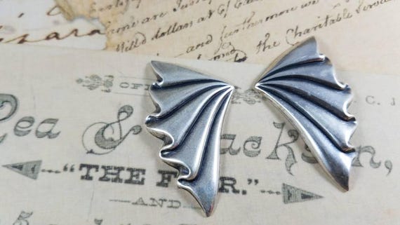 Pair of Angel Wings Pewter; Art Deco Earring Finding; Draped Fabric Patterned Stamping