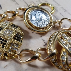 Vintage Clip Earring  Assemblage Bracelet; Rhinestone and Faux Pearl Charm Bracelet; Brass Charm Bracelet; Brass Chain Bracelet