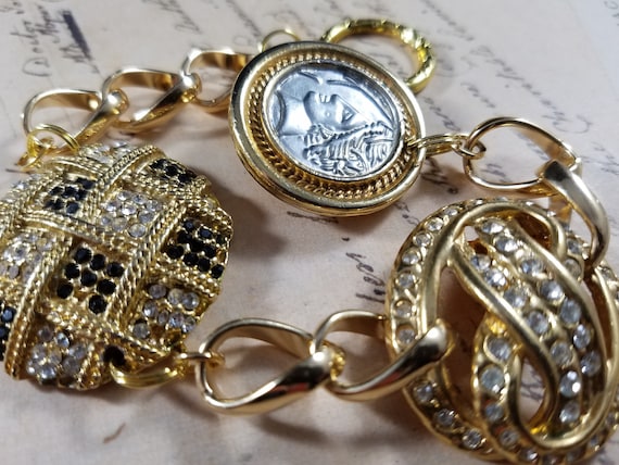 Vintage Clip Earring  Assemblage Bracelet; Rhinestone and Faux Pearl Charm Bracelet; Brass Charm Bracelet; Brass Chain Bracelet