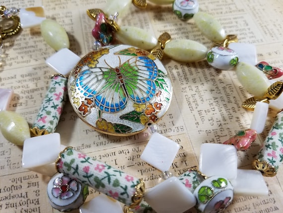 Pale Cloisonne Butterfly Floral Gypsy Boho 24" Beaded Necklace Pendant