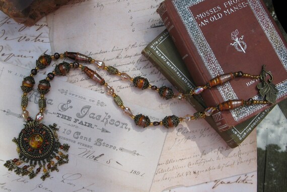 Lampwork Artisan Beaded Pendant Necklace with Antique Brass and Crystal