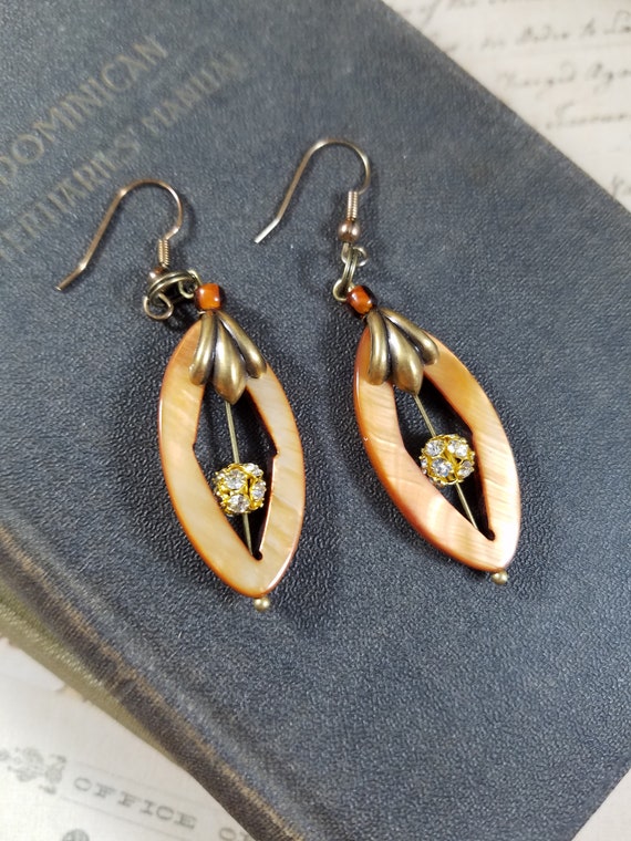 Rust Mother of Pearl Oval Hoop Drop Earrings; Bronze and Rhinestone Dangle Earrings; Gold and Amber Vintage Assemblage Earrings