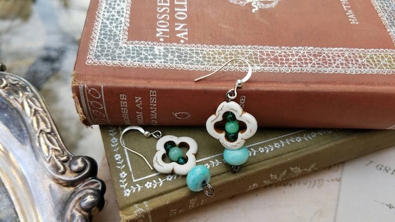 Turquoise & Bone Drop Earrings for the Shabby Chic, Boho, Hippie, or Country Lady