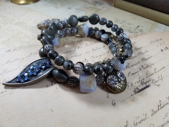 Rustic Pyrite and Pewter Beaded  Stackable Bracelets; Pyrite and Chalcedony Beaded Stackable Bracelets; Owl Bracelet Stack; Gypsy Stack