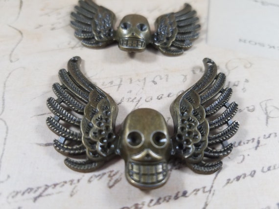 Brass Skeleton with Wings Charm Set of 2, Winged Skeleton Pendant Finding Set of 2, Biker Jewelry Findings, Halloween Skeleton Pendants