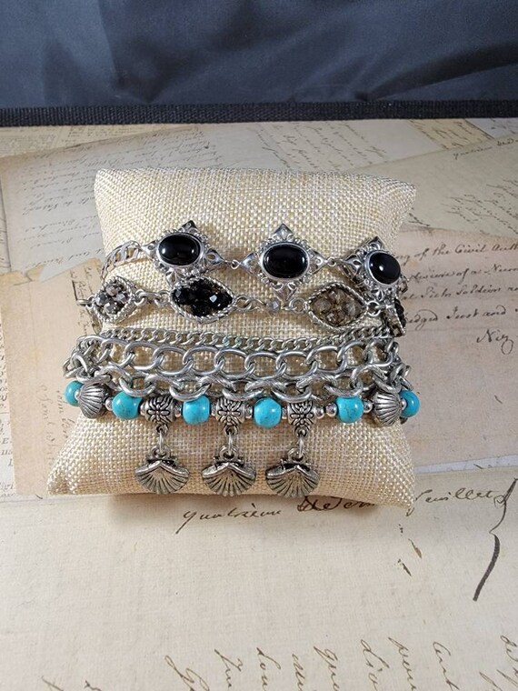 Blue and Silver Vintage Bracelets Lot #B80; Costume Jewelry Lot, Boho Bracelet Set; Pewter Giraffes Costume Bracelets
