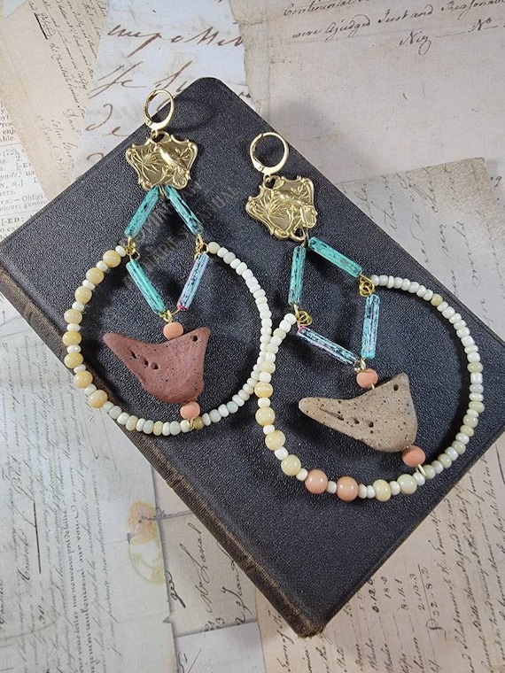 Pottery Bird Beaded Hoop Assemblage Earrings; Art Glass Beaded Drop Earrings; Neutral Beaded Earthtone Earrings; Bird Festival Earrings