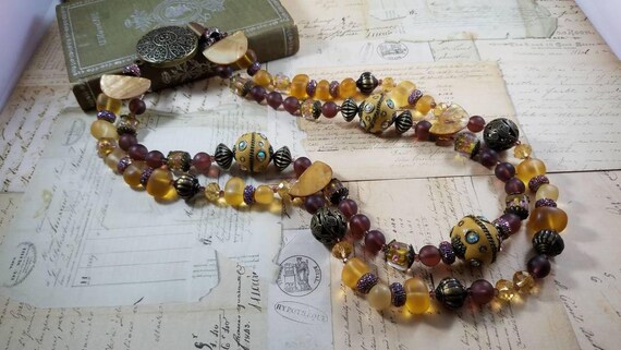 Plum and Parchment Double Strand Beaded Necklace with antiqued brass, mother of pearl and satin glass beads for Gypsy, Boho Lady