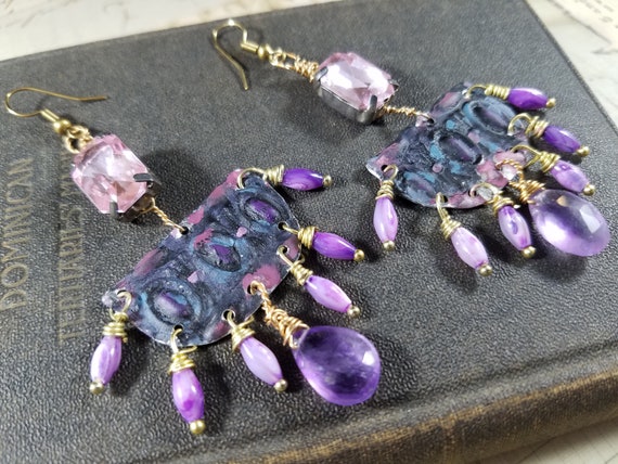 Rustic Hand-Painted Tin Chandelier Earrings; Purple, Pink, and Black Beaded Drop Earrings; Spring Earrings; Amethyst Briollette Earrings
