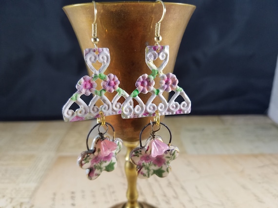 Pastel Rustic Floral Hand-Painted Tin Drop Earrings; White, Pink, Yellow and Green  Beaded Drop Earrings; Spring Earrings; Easter Earrings