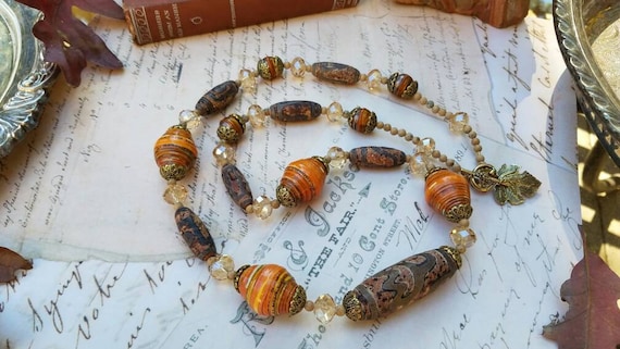 Boho Beaded Long Necklace in Autumn Colors, Primitive Tribal Ceramic Inlay Beaded Pendant, Long Hippie Beaded Necklace in Neutral Colors