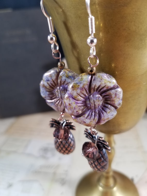 Earthtone Floral Drop Earrings; Copper Pinapple Boho Earrings; Czech Glass Flower Earrings; Hibiscus and Pineapple Drop Earrings;