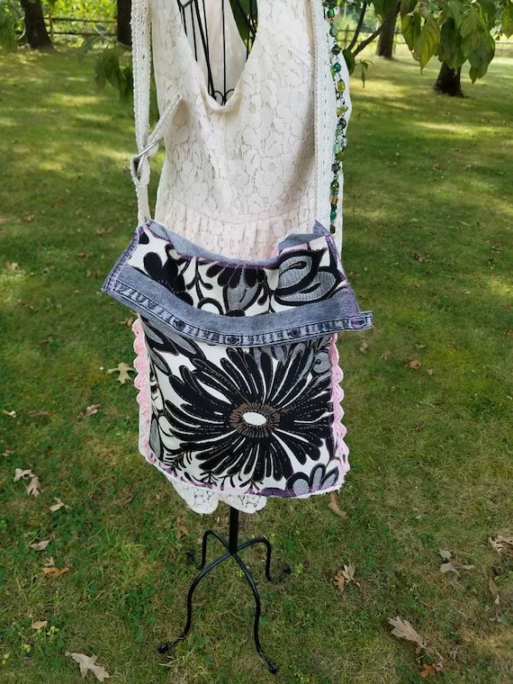 Pink Black and White Floral Bucket Bag; Upcycled Fabric Sample Purse; Black and White Boho Handbag; Crochet Doilie Purse