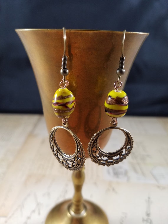 Mustard Yellow and Antiqued Brass Dangle Earrings; Mustard Yellow Beaded Drop Hoop Earrings; Yellow Lampwork  Glass Dangle Earrings