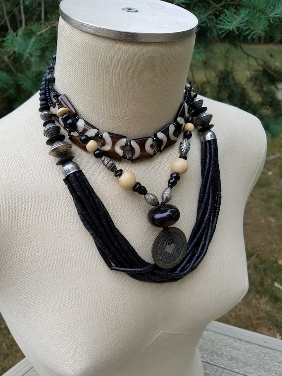 Dark Tribal Bone Necklace Jewelry Set #B38; Black 