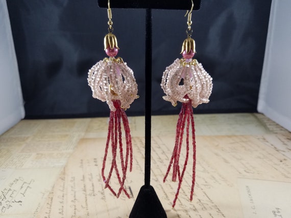 Pink Beaded Jellyfish Earrings; Vintage Glass Seed Bead Assemblage Earrings; Shoulder Duster Beaded Earrings; Long Ocean Life Earrings