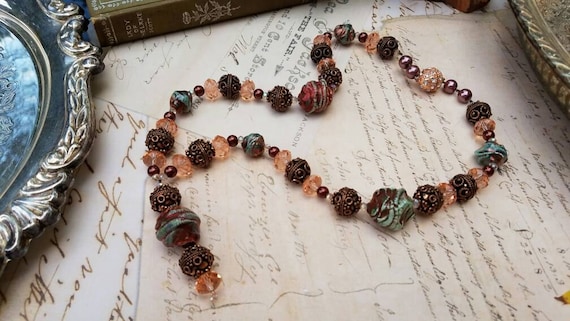 Raku Lampwork Artisan Beaded Pendant Necklace with Copper and Crystal