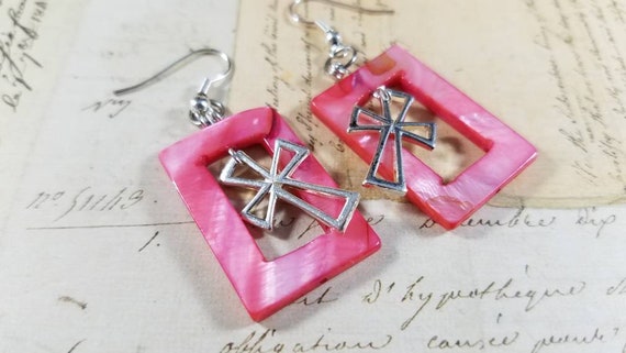 Windows to Heaven Pink Shell Dangle Cross Earrings
