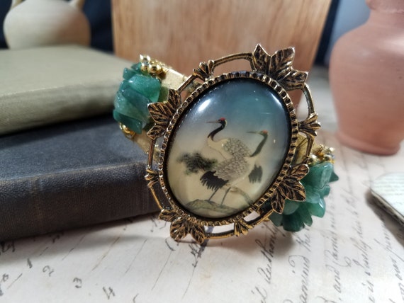 Jade Water Bird Cameo Beaded  Boho Cuff Bracelet