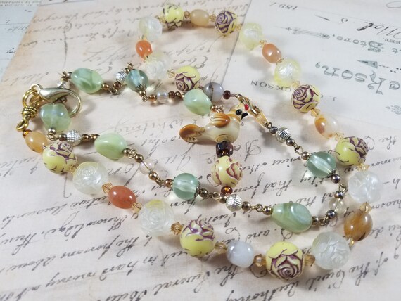 Blooms and Chick Beaded Necklace with antiqued brass beads, rose beads for Gypsy, Boho, Shabby Chic, Yellow Bird Necklace, Chicken Necklace