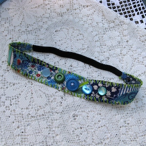Vintage Fabric and Buttons Collage Headband Hair Accessory; Bohemian Crazy Quilted Headband; Shabby Chic Headband; Blue and Green Headband