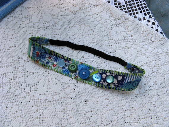Vintage Fabric and Buttons Collage Headband Hair Accessory; Bohemian Crazy Quilted Headband; Shabby Chic Headband; Blue and Green Headband